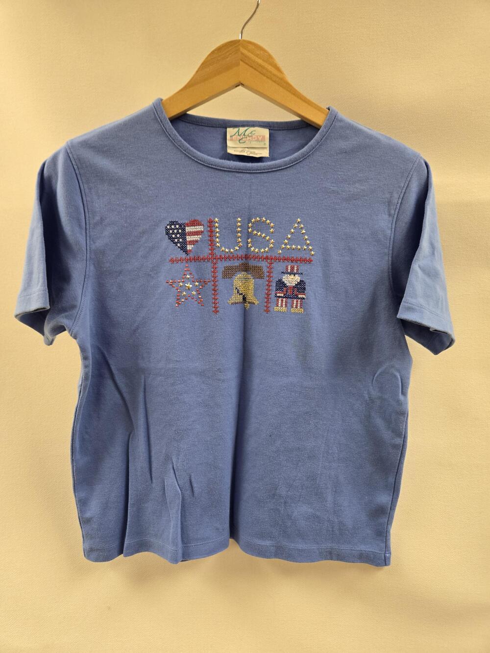 USA Patriotic Shirt Womens Medium Blue Studded Rhinestone Tee Liberty Bell